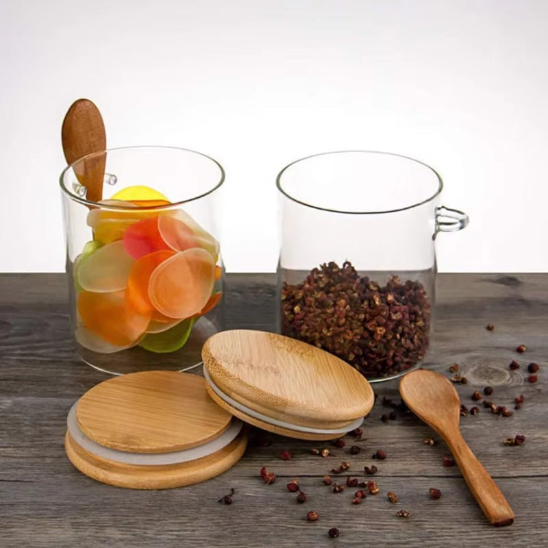 Glass Storage Jar with Decorative Bamboo Lid and Side Spoon
